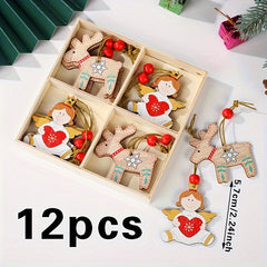 12pcs Wooden Reindeer Doll Christmas Tree Hanging Ornaments