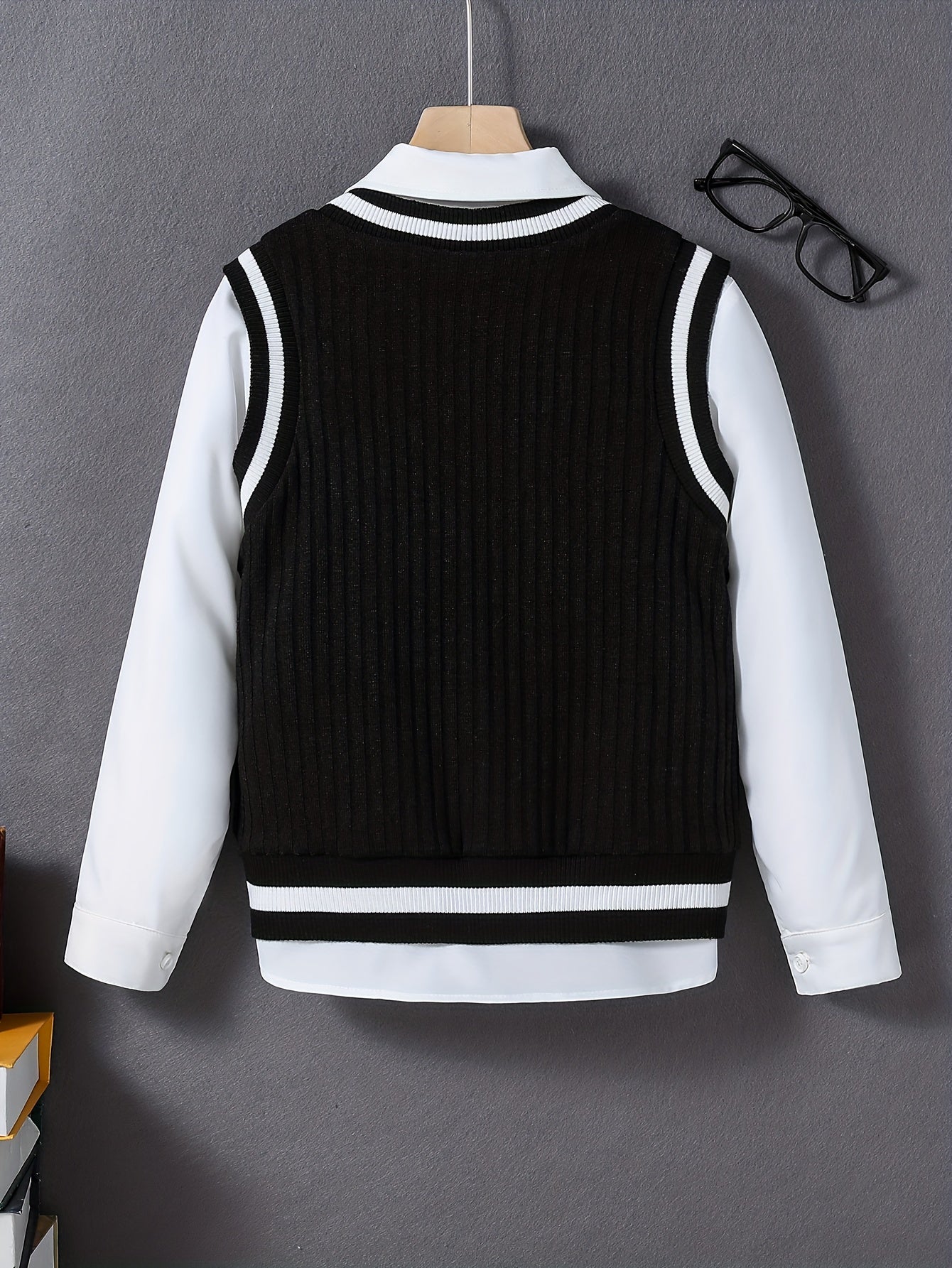 2pcs Boys Uniform Knitted Sleeveless Sweater Vest & Long Sleeve Tie Shirt Set