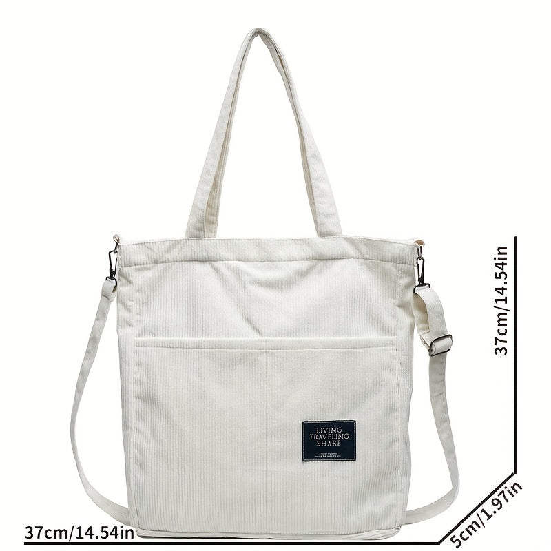 Corduroy Tote Bag with Letter Patch Decor Large Capacity Crossbody Bag