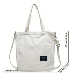 Corduroy Tote Bag with Letter Patch Decor Large Capacity Crossbody Bag