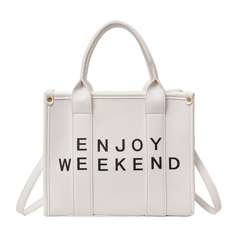 Stylish Letter Print Tote Bag Vegan Leather Satchel Purse for Office & Shopping