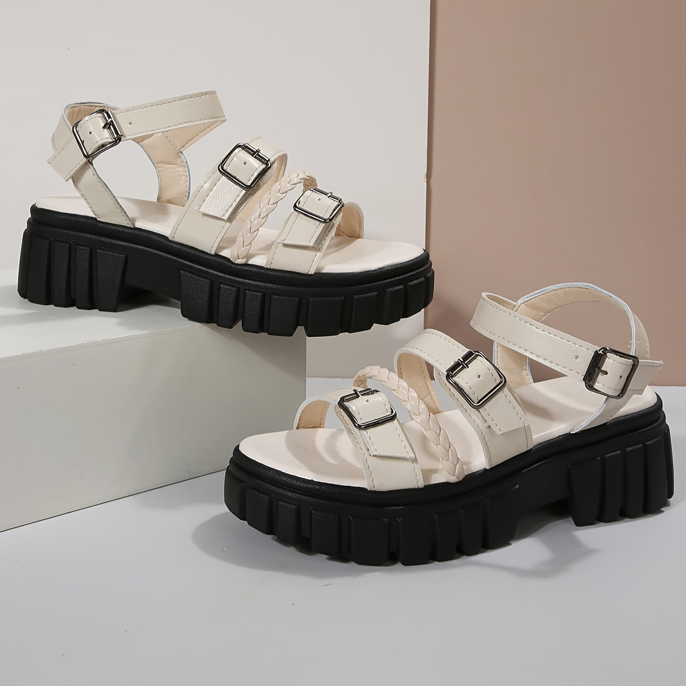 Women's Buckle Platform Sandals Braided Straps Outdoor Sandals