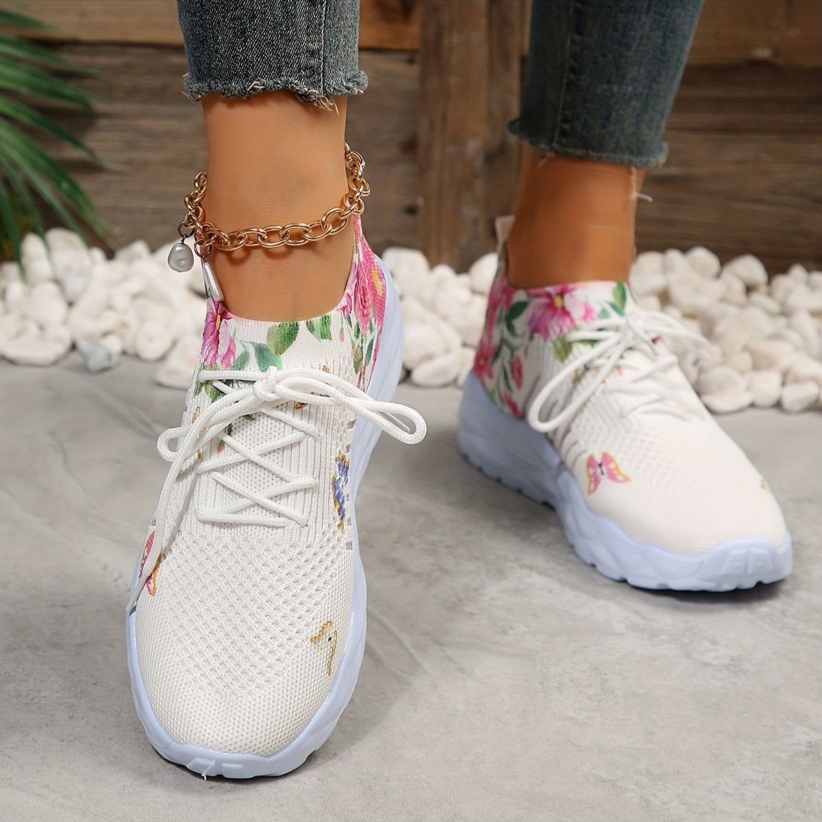 Women's Flower & Butterfly Platform Sneakers Breathable Mesh Lace Up Shoes