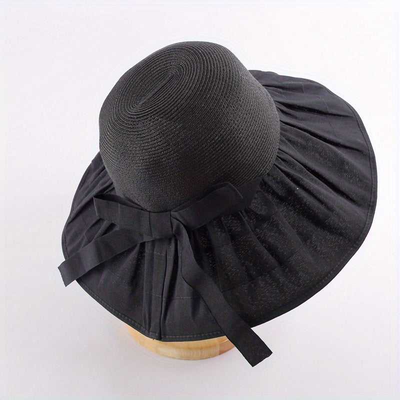 Striped Sun Hat Ribbon Bowknot UV Protection Straw Bucket Hats