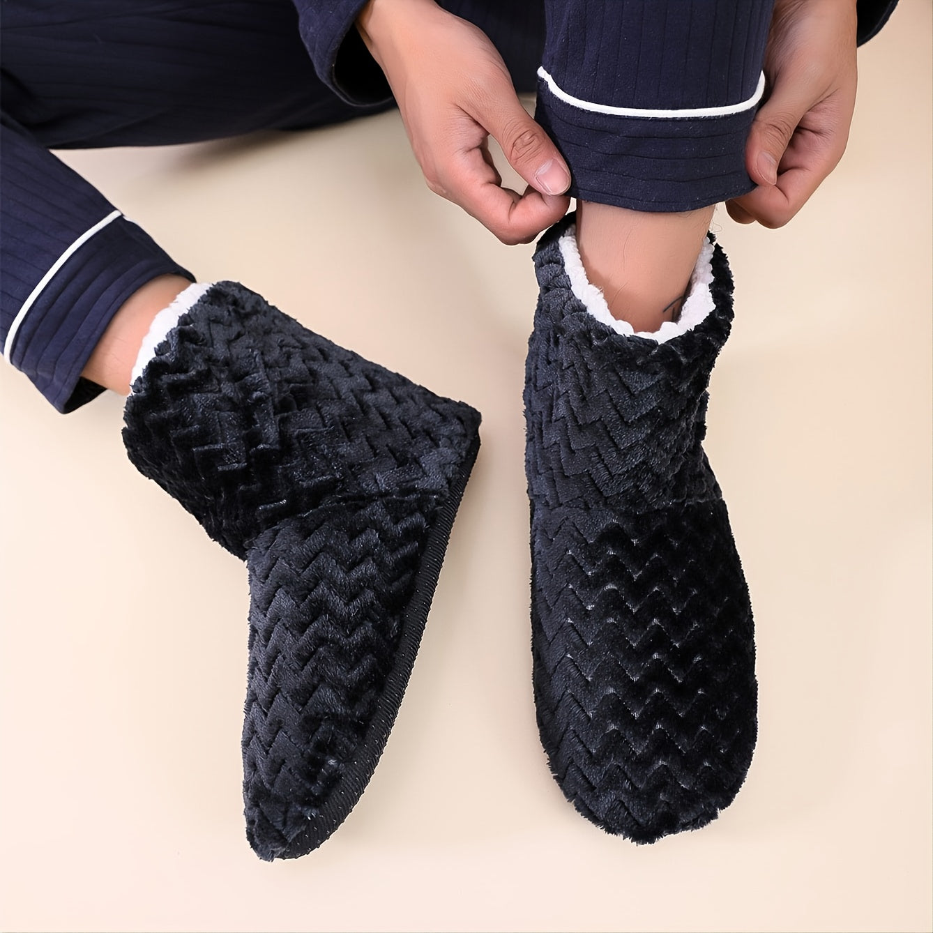Men's Fleece Home Boots Wave Pattern Indoor Slippers Winter