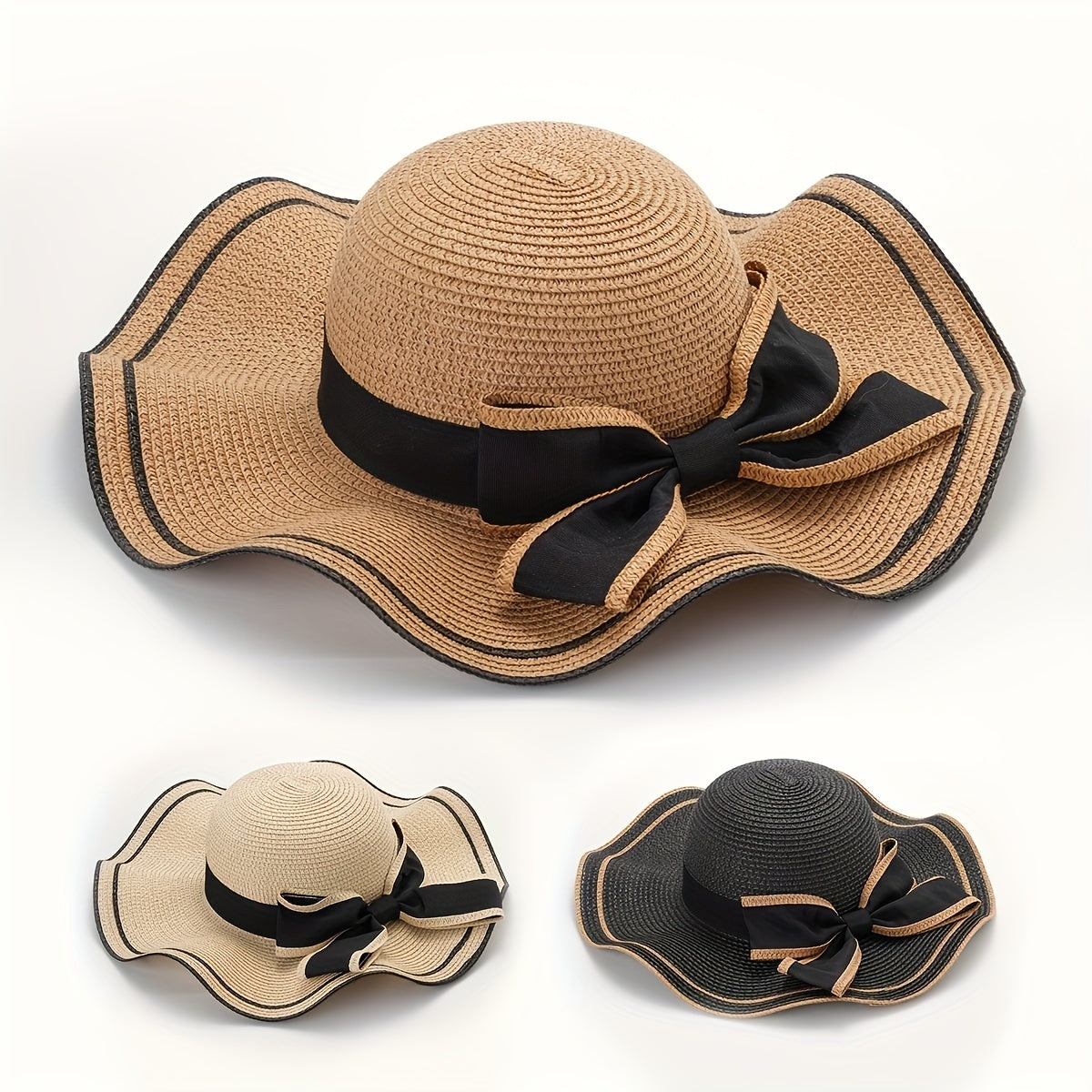 Ruffles Bow Sun Hat French Straw Beach Hat Travel Sunscreen Bucket Hats
