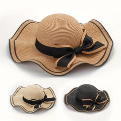 Ruffles Bow Sun Hat French Straw Beach Hat Travel Sunscreen Bucket Hats