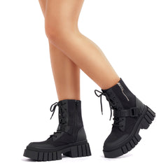 Women's Canvas Ankle Boots Belt Side Zipper Combat Boots