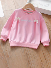 Girls Bow Monogram Embroidery Graphic Sweatshirt Long Sleeve Pullover