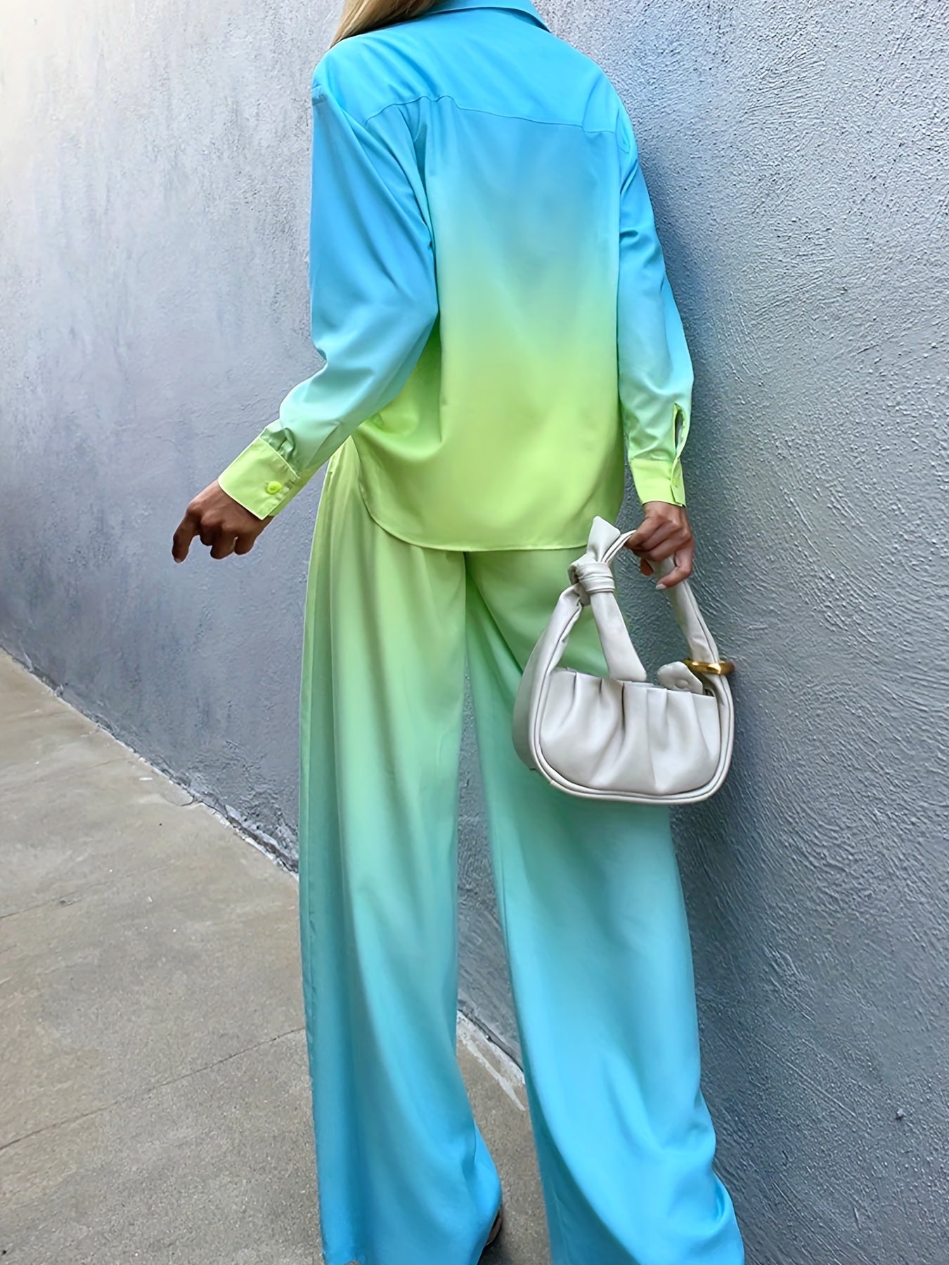 Gradient Two Piece Set Long Sleeve Polo Collar Shirt & Wide Leg Pants