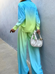 Gradient Two Piece Set Long Sleeve Polo Collar Shirt & Wide Leg Pants