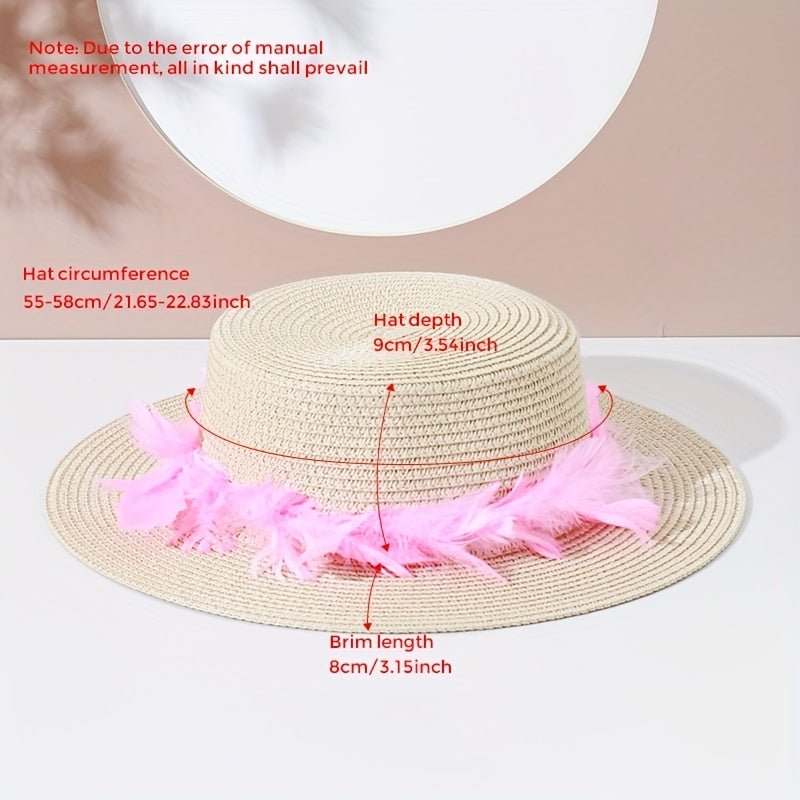 Luminous Feather Wreath Sun Hat Easter Beige Straw Hat Fedora C