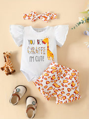 3pcs Baby Girls Cow Peach Print Ruffle Sleeve Shorts Headband Set Clothes