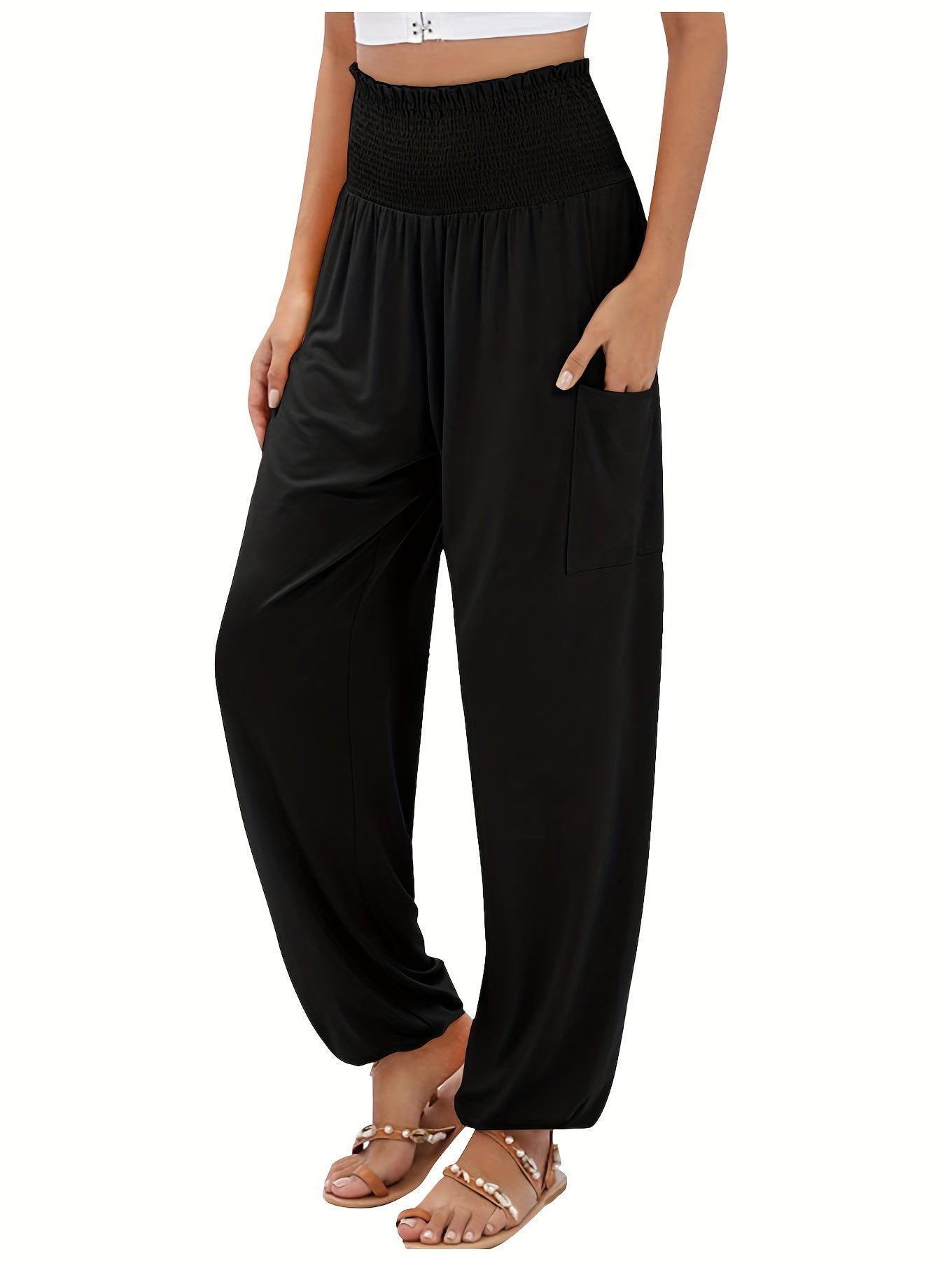 Solid Lantern Trousers with Shirred Waist