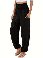 Solid Lantern Trousers with Shirred Waist