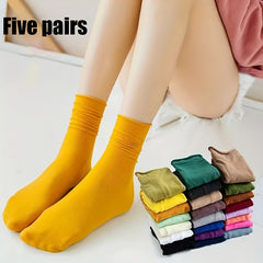 5 Pairs Solid Pile Socks Soft & Lightweight Women's Stockings