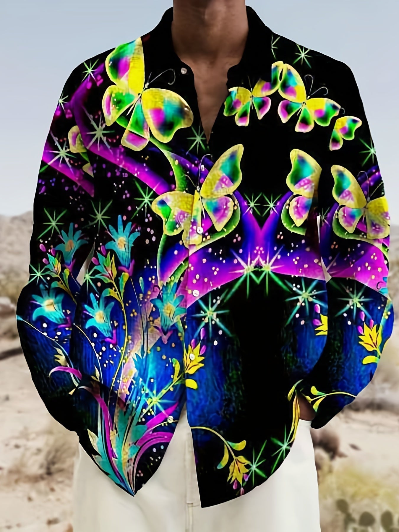 Men's Butterfly & Flower Print Casual Shirt