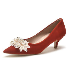 Red Lace Kitten Heels with Pearls & Rhinestones