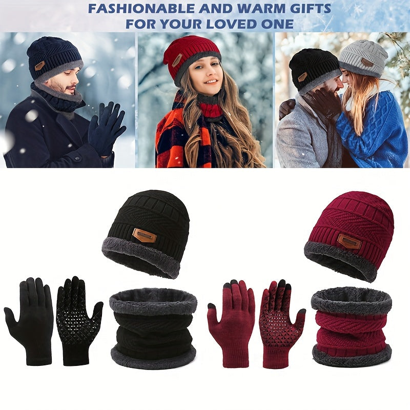 3pcs Winter Knitted Beanie Hat Neck Warmer Gloves Set