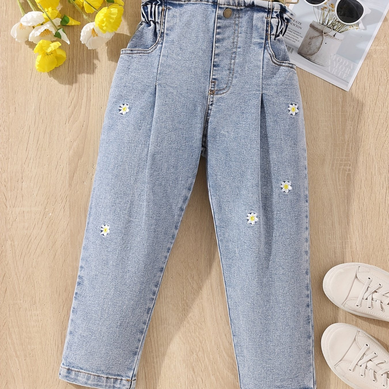 Girls' Daisy Embroidery Straight Leg Jeans For Kids