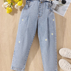 Girls' Daisy Embroidery Straight Leg Jeans For Kids