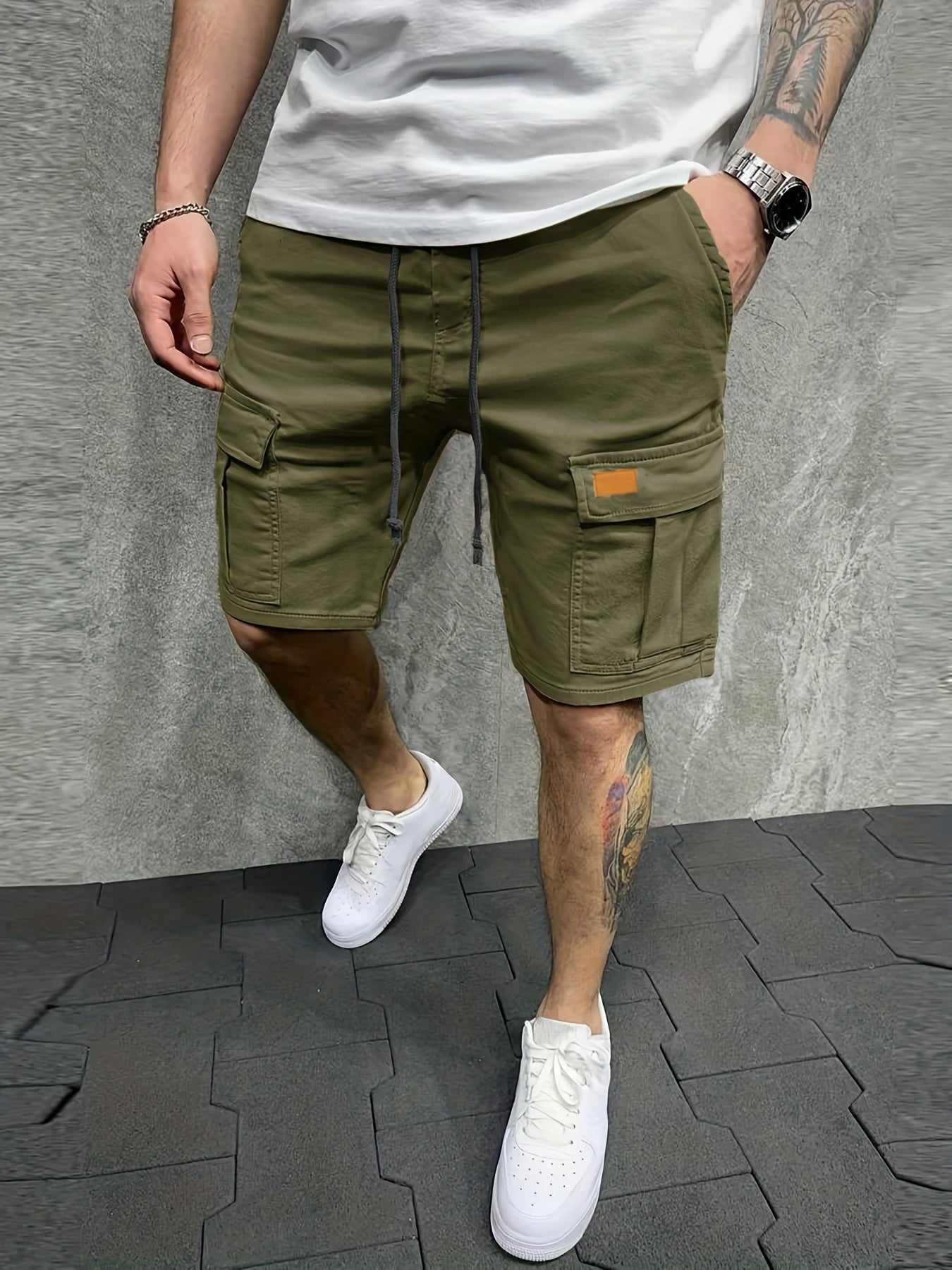 Men's Drawstring Cargo Short Pants Flap Pocket Loose Work Shorts