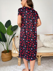 Lip Print Crew Neck Nightdress Short Sleeve Sleep Dress Women's Sleepwear