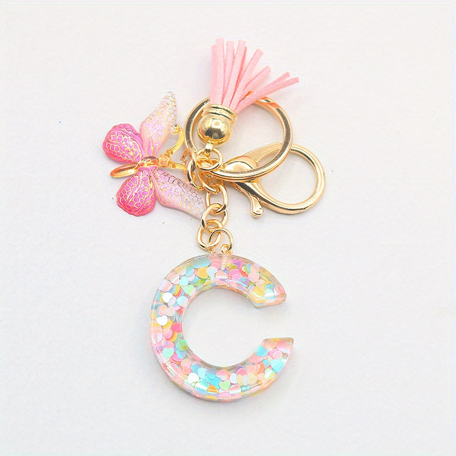 Initial Letter Keychain Butterfly Shape Pendant with Tassel Bag Ornament