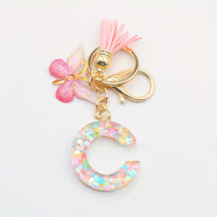 Initial Letter Keychain Butterfly Shape Pendant with Tassel Bag Ornament