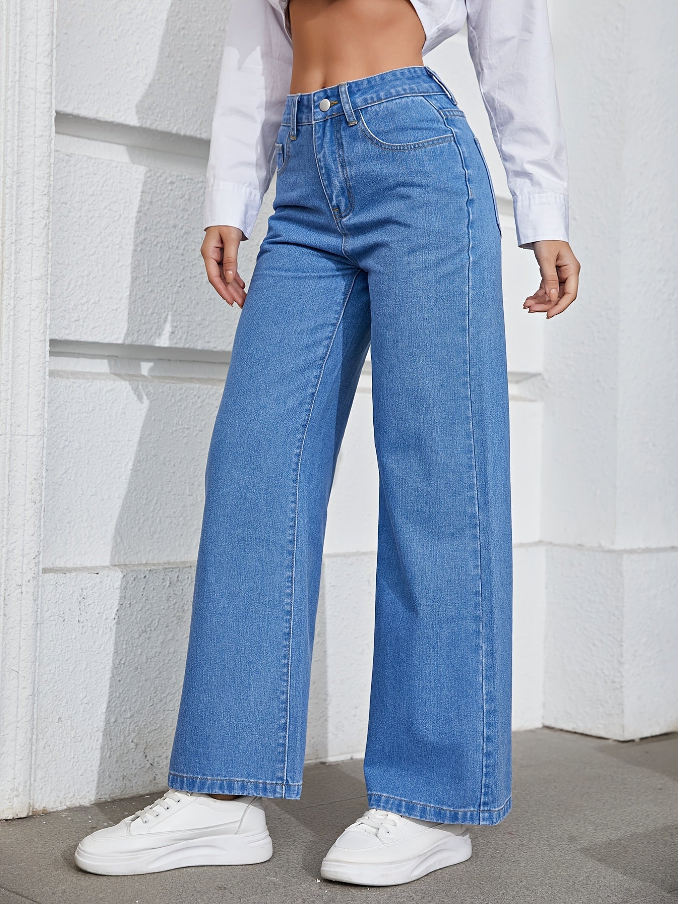 High Waist Wide Leg Jeans Slash Pockets