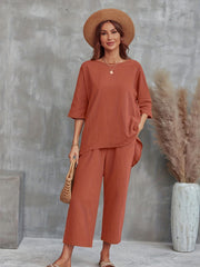 Solid Est Crew Neck 3 4 Sleeve Tops & Wide Leg Pants Outfit Women's Clothing
