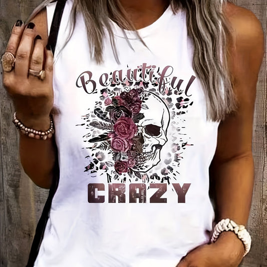 Gothic Tank Top Women's Plus Floral Skull & Letter Print