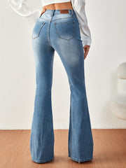 Ripped Flared Jeans Wide Legs Bell Bottom Slash Pockets Casual Denim Pants
