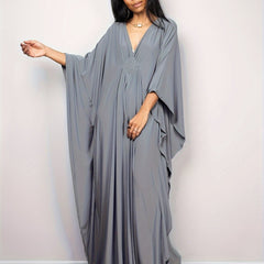 Boho Cover Up Solid Batwing Sleeve V Neck Split Maxi Beach Dress