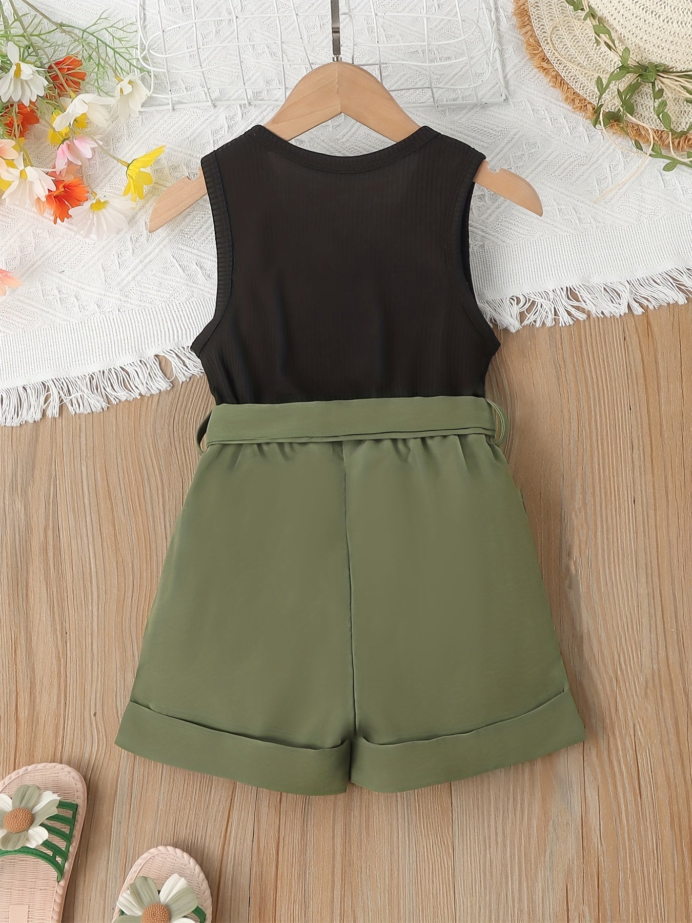 Girls Ribbed Sleeveless Romper Jumpsuit with Belt