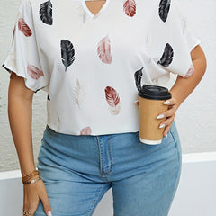 Feather Print Cut Out Short Sleeve T shirt - Women's Plus Size