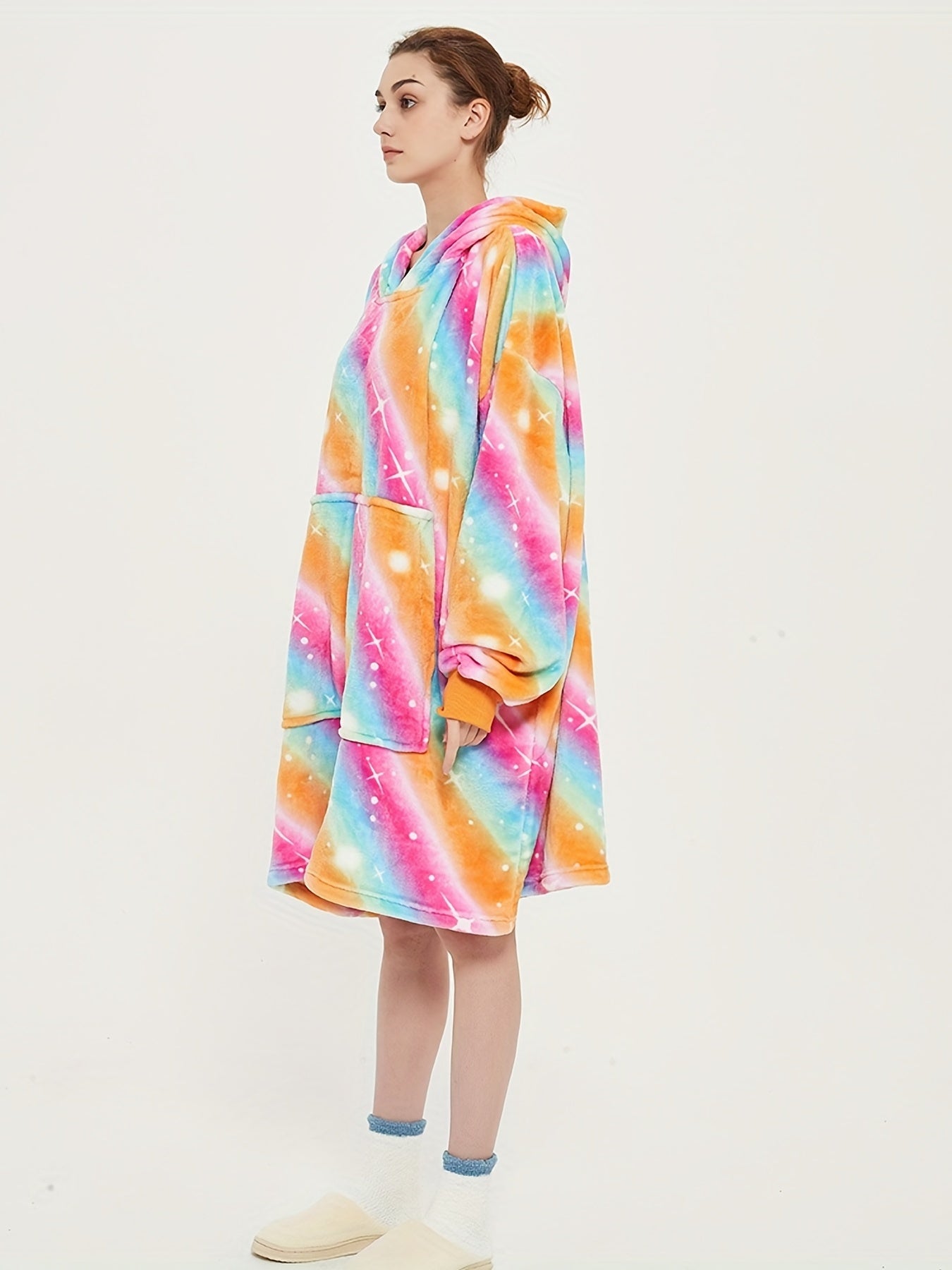 Flannel Hooded Robe Women's Rainbow Striped Warm Nightgown