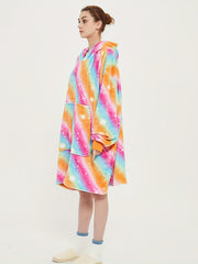 Flannel Hooded Robe Women's Rainbow Striped Warm Nightgown