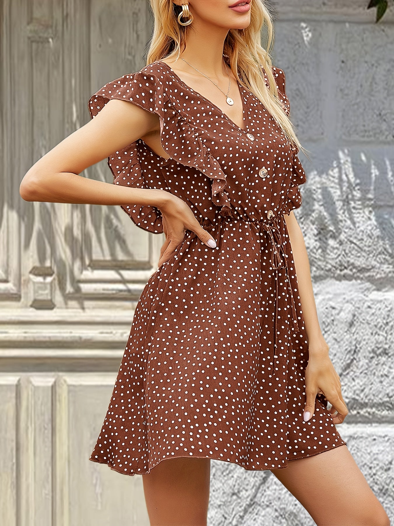 Polka Dot Print Dress V Neck Sexy Butterfly Sleeve