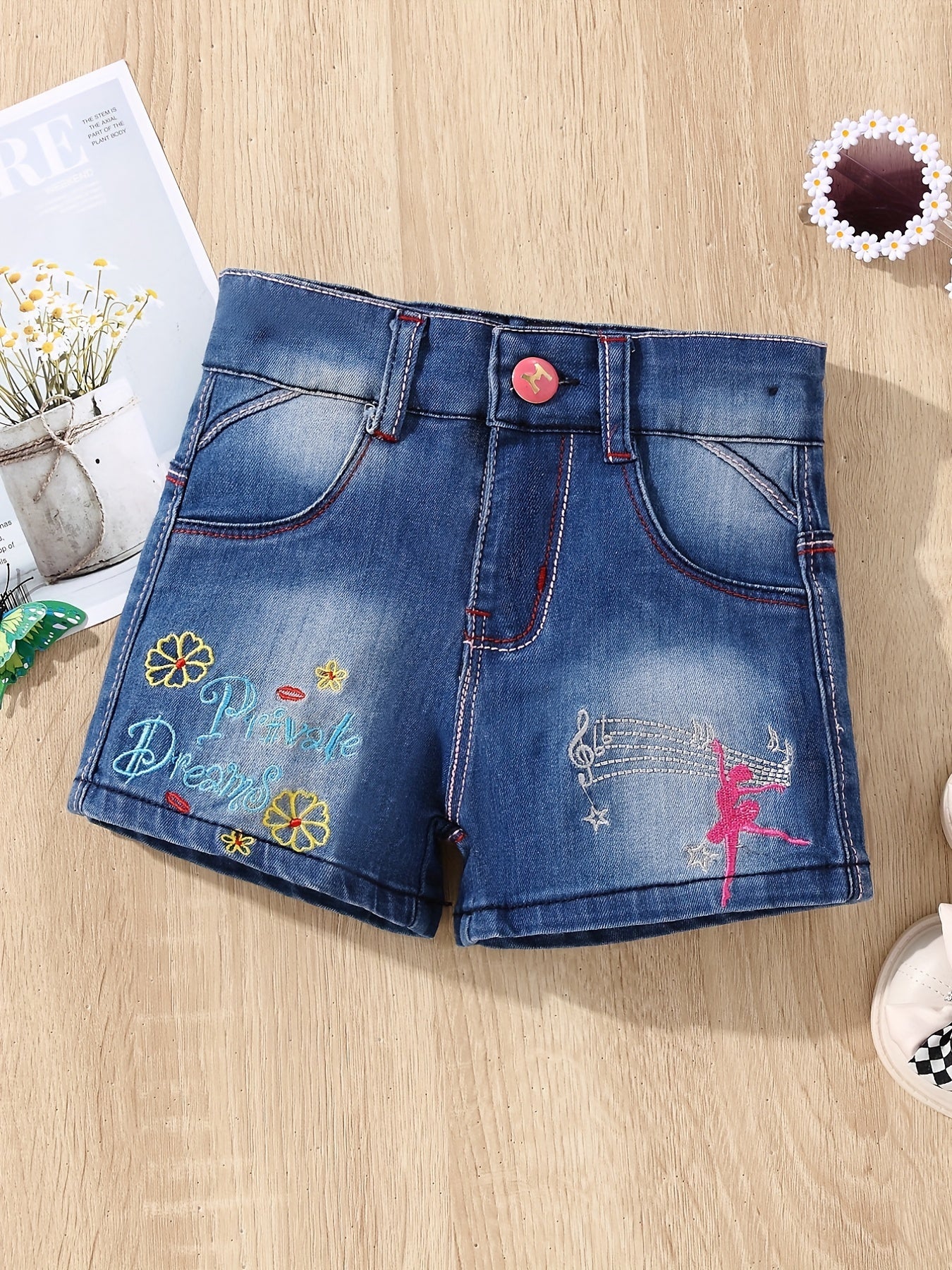 Girls' Letter Embroidered Denim Shorts - Street Outwear