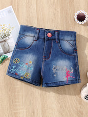Girls' Letter Embroidered Denim Shorts - Street Outwear