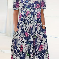 Floral Print Maxi Dress Short Sleeve Round Neck Pleated