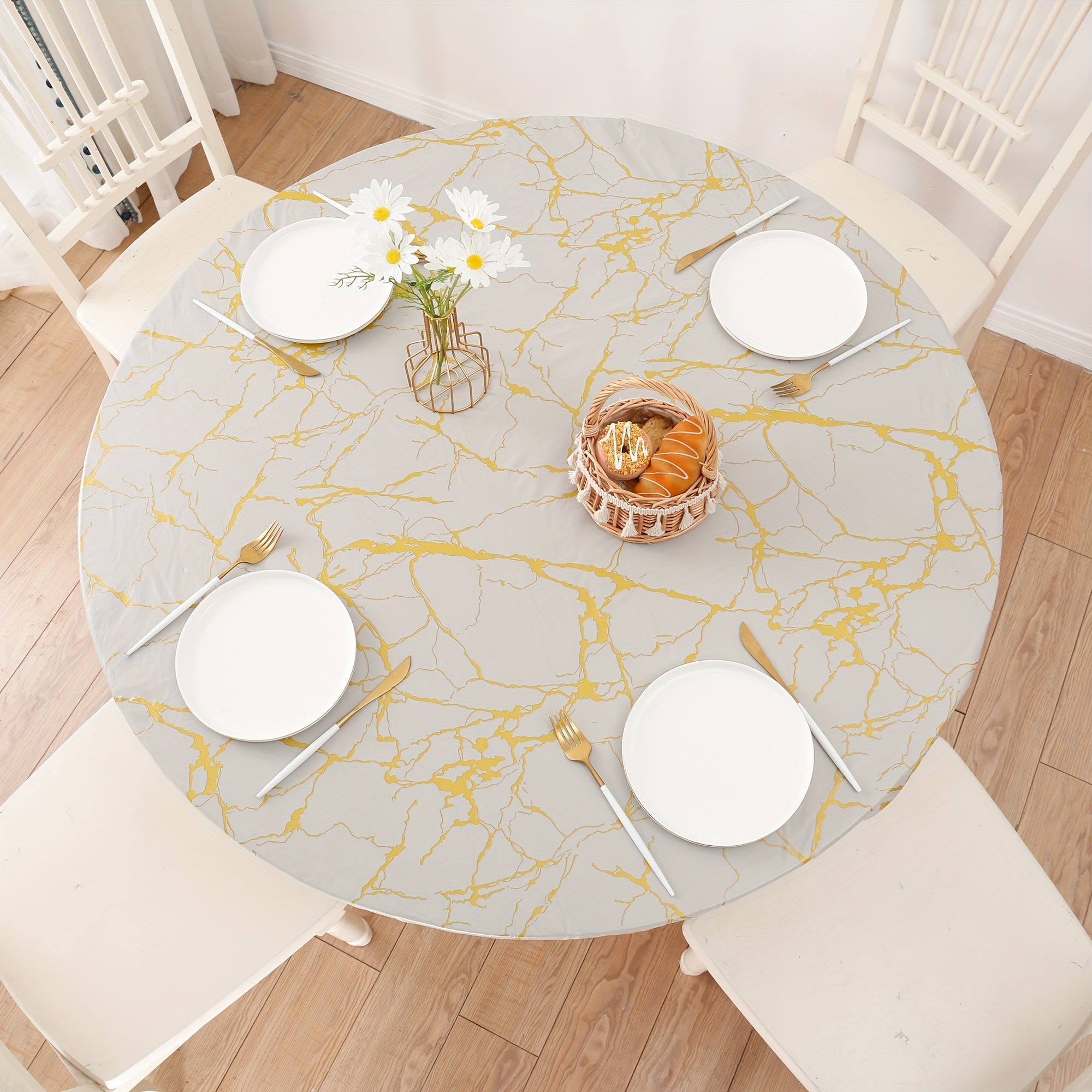 Round Marble Style Elastic Tablecloth Waterproof Proof