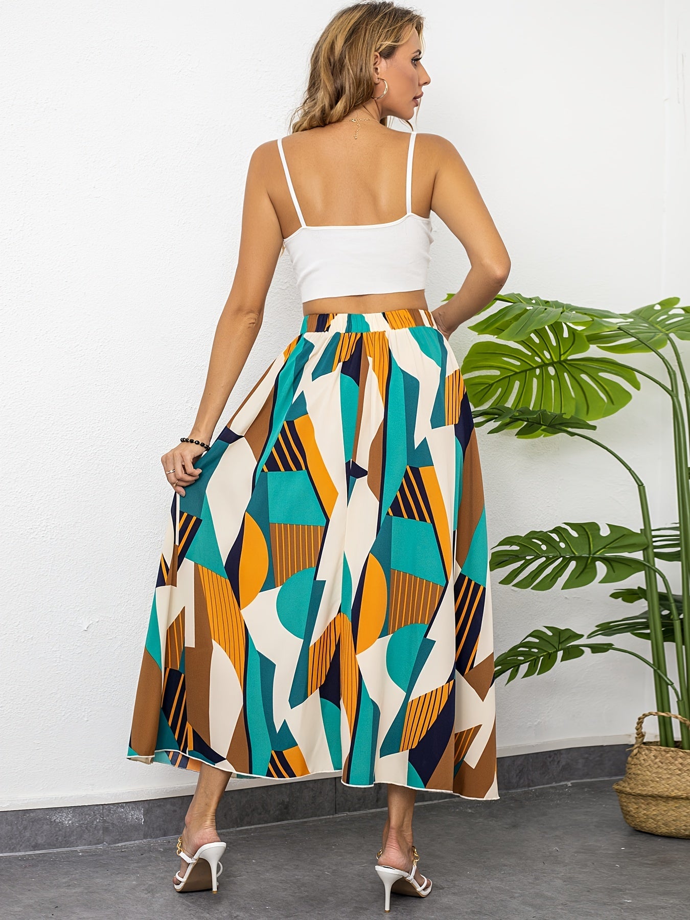 Geo Print Elastic Waist Swing Skirt