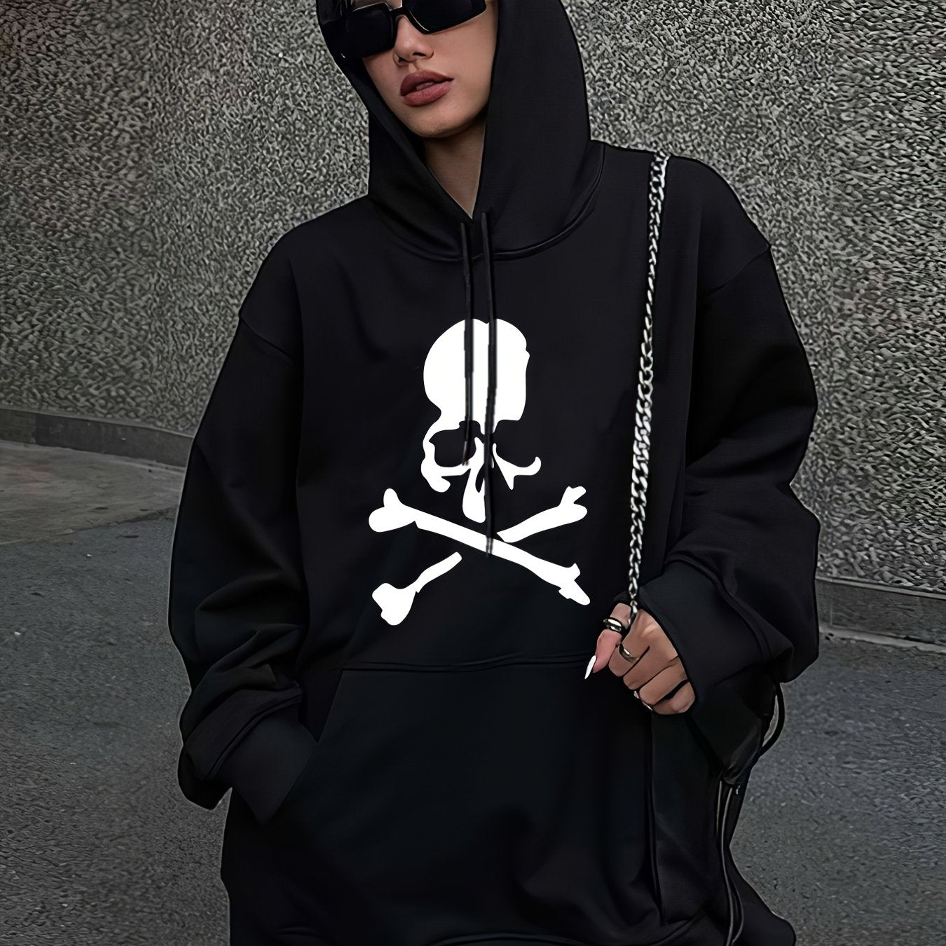 Skull Print Drawstring Sports Sweatshirt for Halloween Warm Plush Inner Hoodies