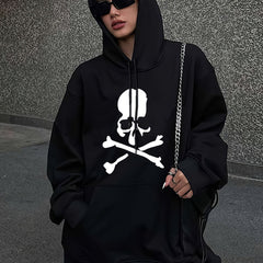 Skull Print Drawstring Sports Sweatshirt for Halloween Warm Plush Inner Hoodies