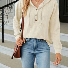 Textured Drawstring Button Front Hoodie for Spring & Fall Women's Clothing