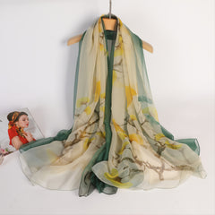 Ginkgo Leaf Large Silk Scarf Retro Plant Print Warm Shawl