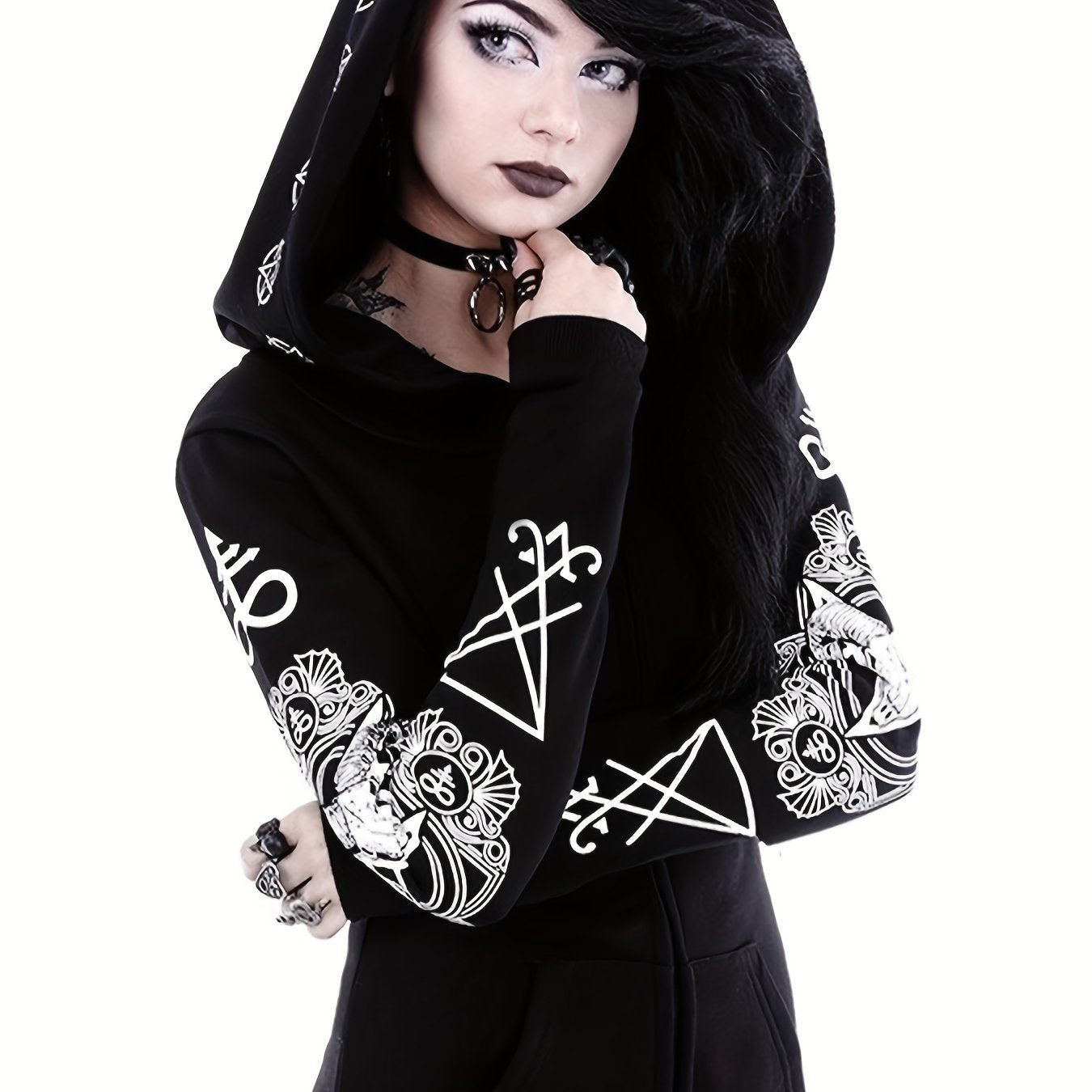 Gothic Hoodie Sun Moon Print Sweatshirt Punk Goth Clothes Long Sleeve