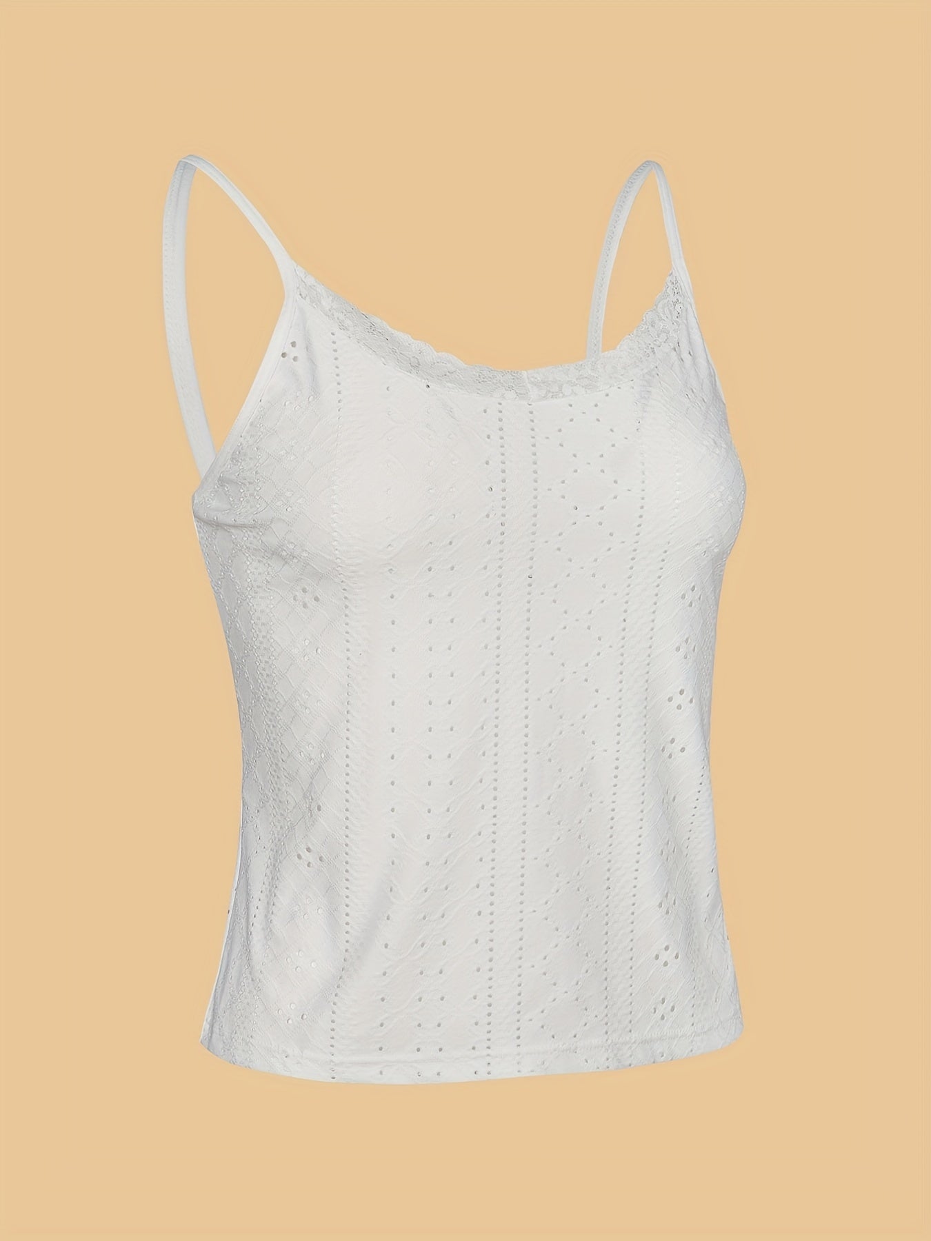 Eyelet Spaghetti Straps Cami Top with Lace Trim